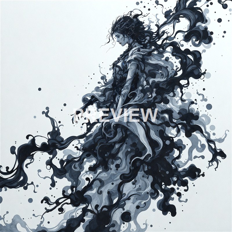 A digital illustration of a woman with long, flowing hair that seamlessly blends into swirling, ink-like patterns, creating an abstract and surreal visual effect.